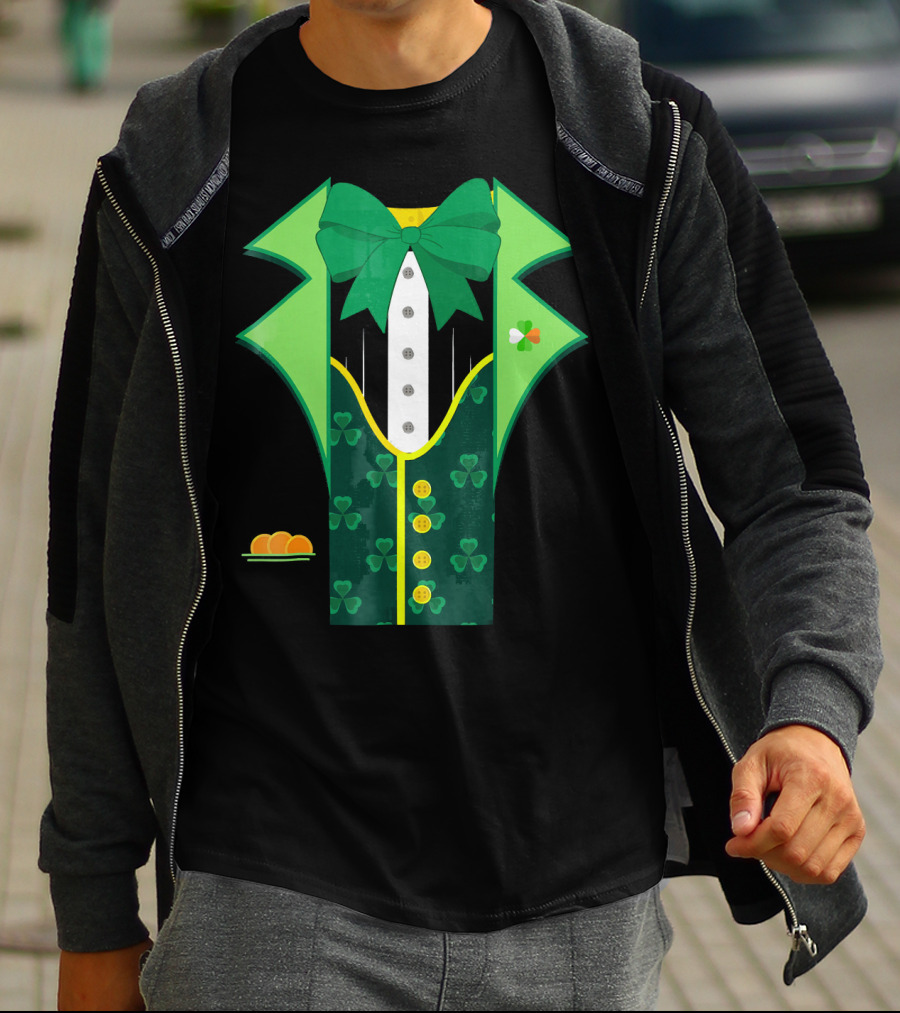 Leprechaun Costume One Sided Green Suit With Bow Tie And Shamrock Symbols T-Shirt