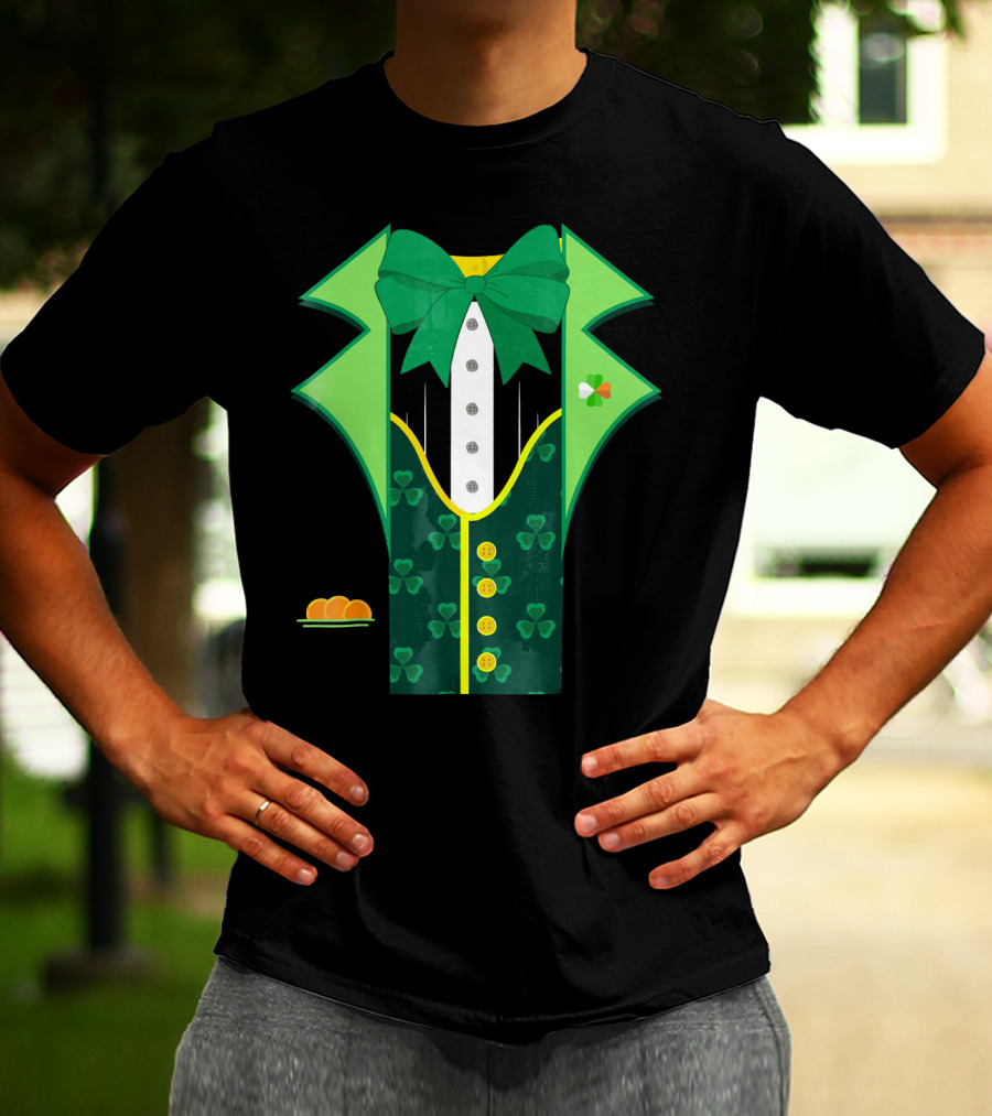 Leprechaun Costume One Sided Green Suit With Bow Tie And Shamrock Symbols T-Shirt