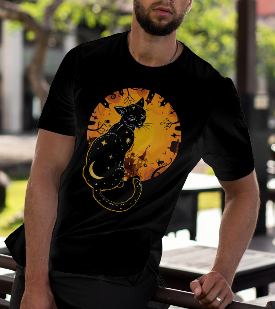 Halloween Black Cat With Stars And Moon In Haunted Landscape T-Shirt