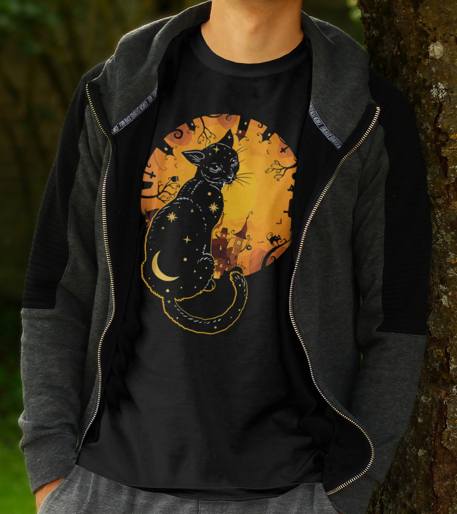 Halloween Black Cat With Stars And Moon In Haunted Landscape T-Shirt