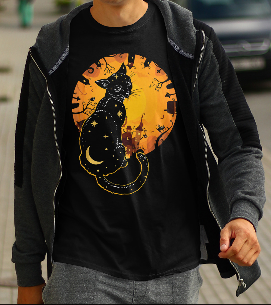 Halloween Black Cat With Stars And Moon In Haunted Landscape T-Shirt