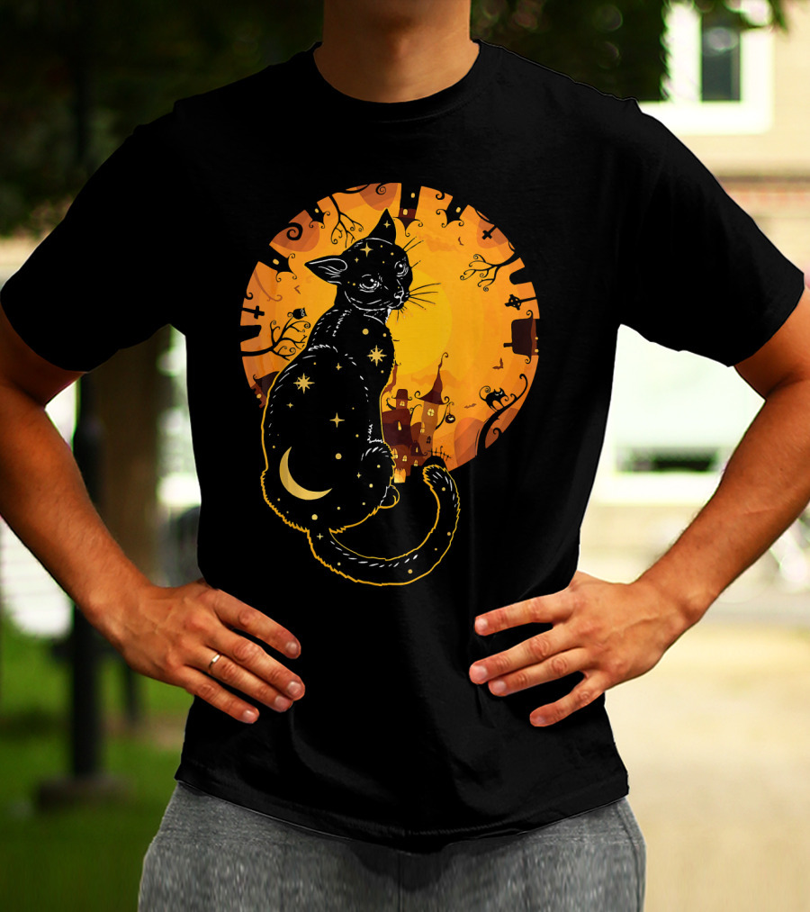 Halloween Black Cat With Stars And Moon In Haunted Landscape T-Shirt