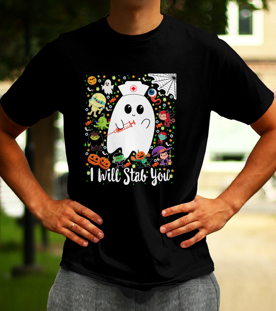 I Will Stab You Funny Halloween Ghost Nurse With Syringe Surrounded By Monsters Pumpkins And Web T-Shirt