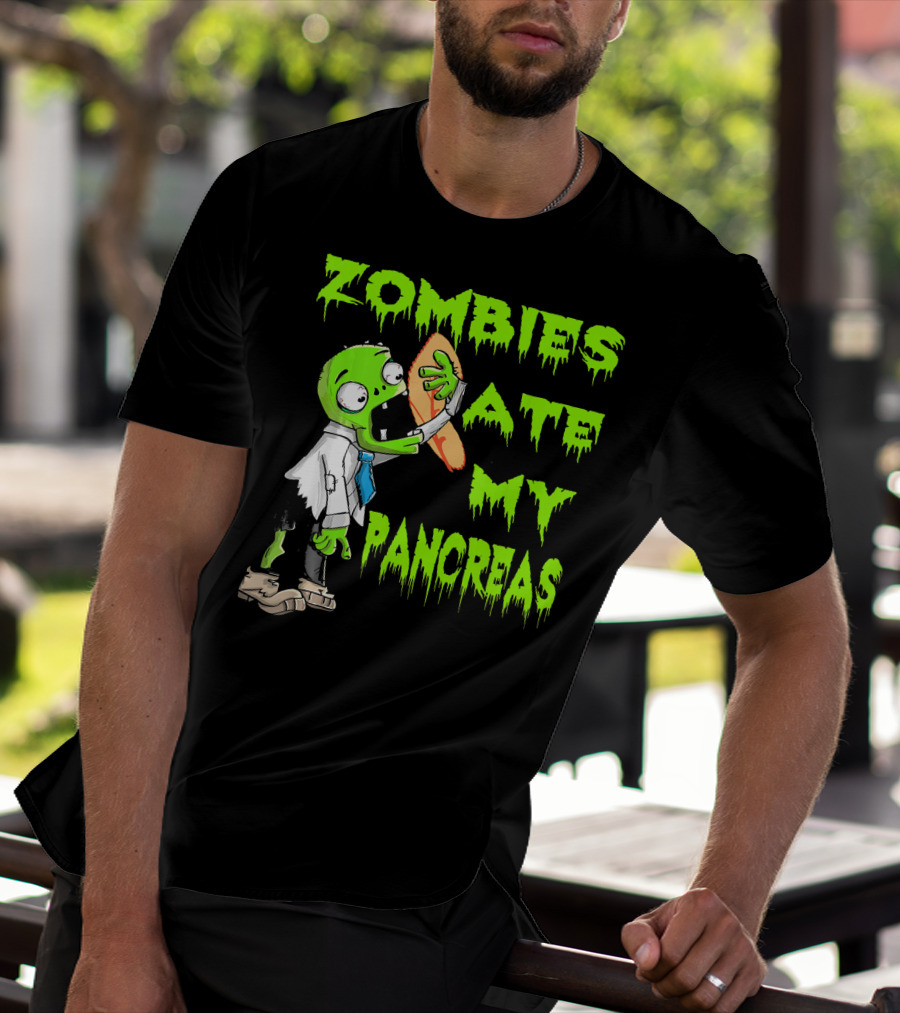 Zombies Ate My Pancreas Diabetes Awareness Cartoon Zombie Holding Organ T-Shirt