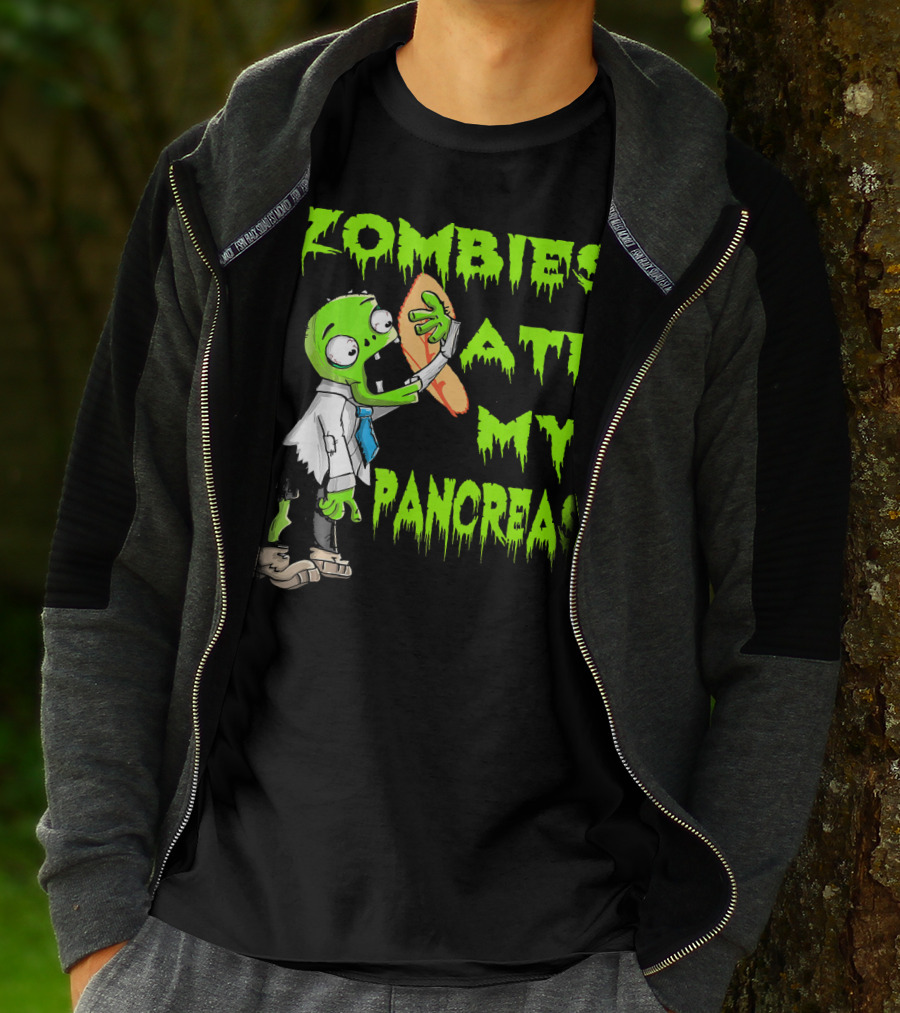Zombies Ate My Pancreas Diabetes Awareness Cartoon Zombie Holding Organ T-Shirt