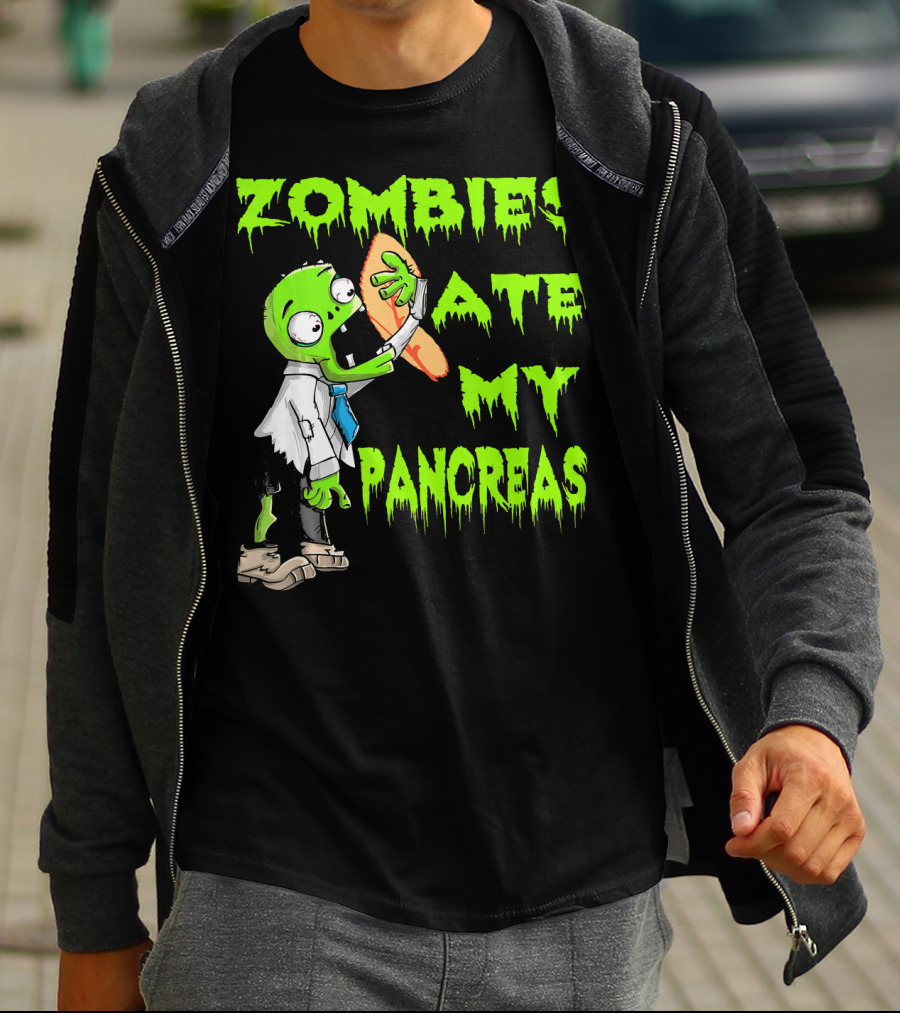 Zombies Ate My Pancreas Diabetes Awareness Cartoon Zombie Holding Organ T-Shirt