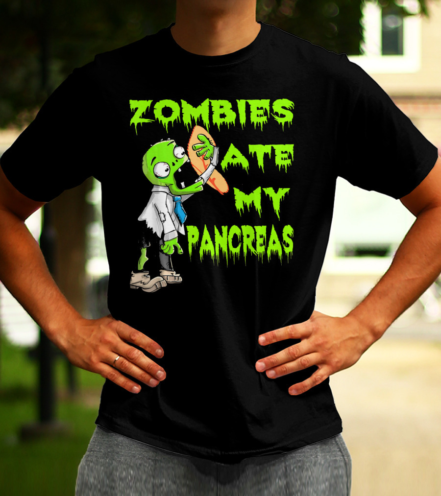 Zombies Ate My Pancreas Diabetes Awareness Cartoon Zombie Holding Organ T-Shirt