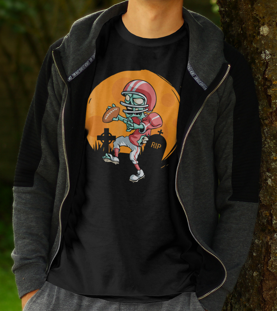 Zombie Football Player Halloween Graveyard Scene T-Shirt