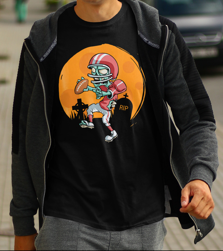 Zombie Football Player Halloween Graveyard Scene T-Shirt