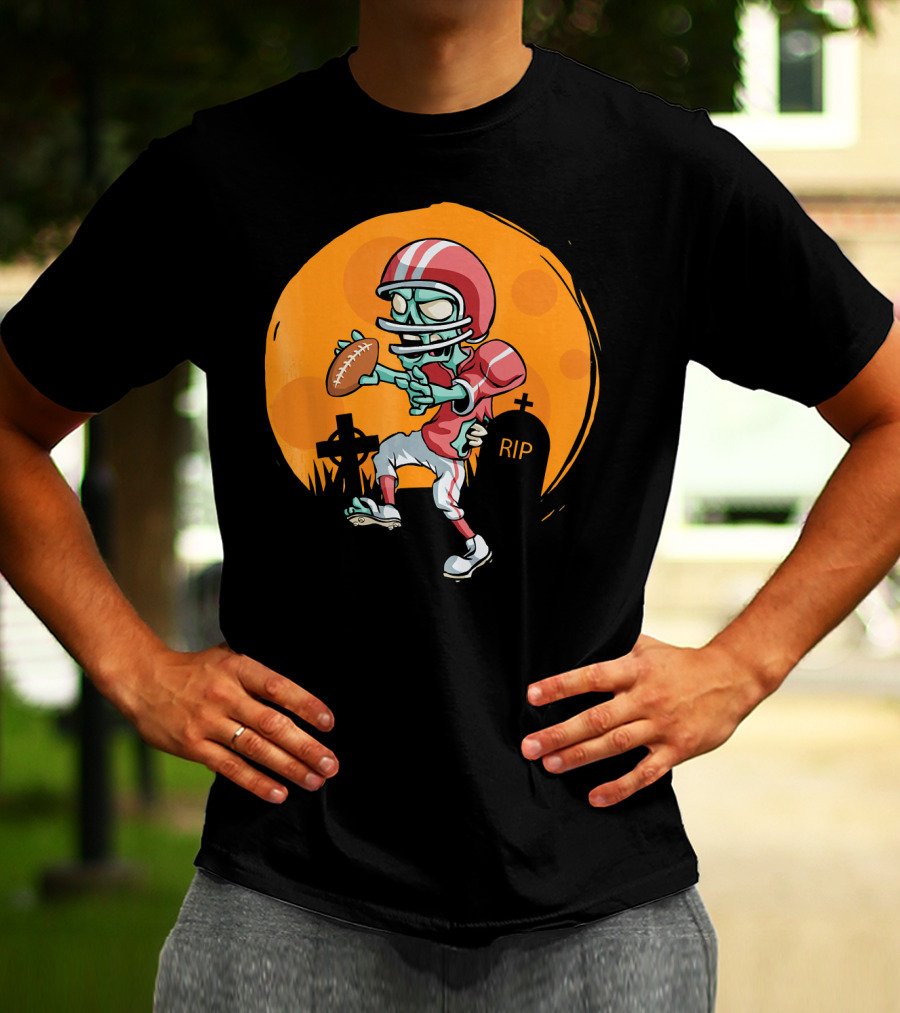 Zombie Football Player Halloween Graveyard Scene T-Shirt