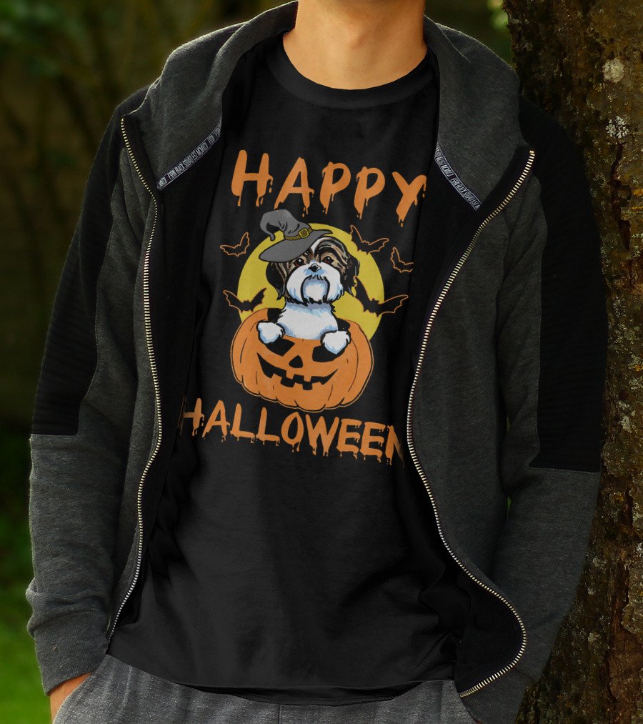 Happy Halloween Shih Tzu Pumpkin With Witch Hat And Bats T-Shirt