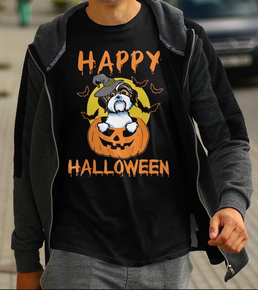 Happy Halloween Shih Tzu Pumpkin With Witch Hat And Bats T-Shirt