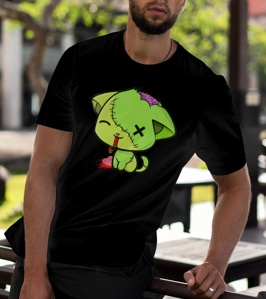 Cute Zombkitty Green Zombie Kitten Neon Brain T-Shirt
