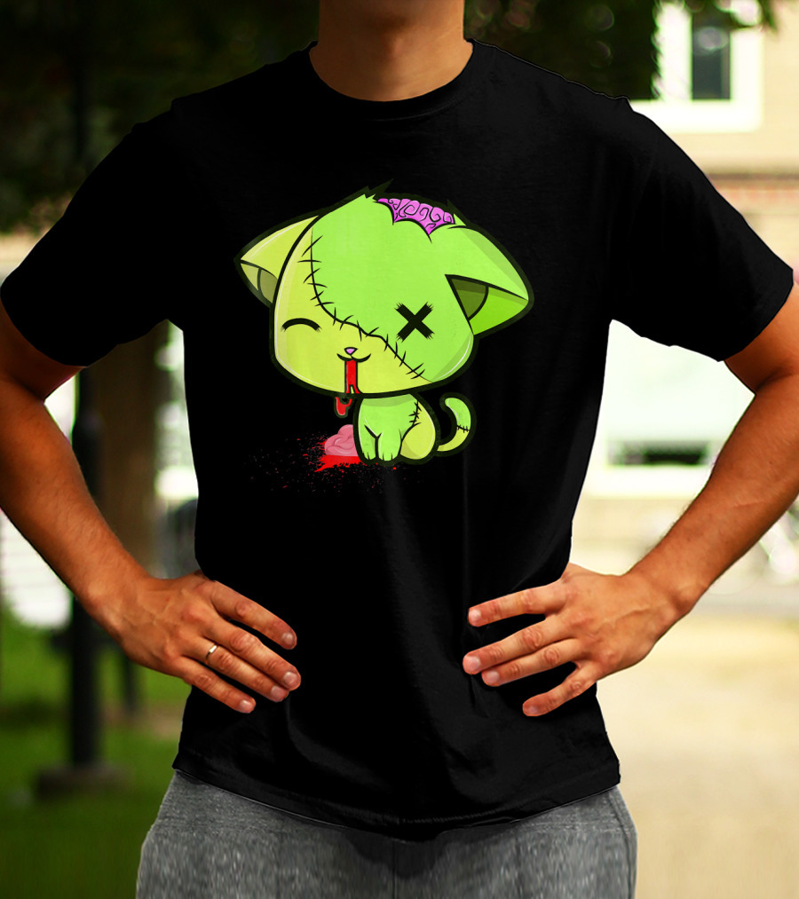 Cute Zombkitty Green Zombie Kitten Neon Brain T-Shirt