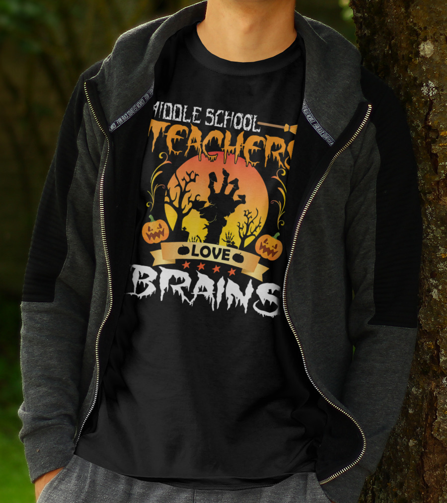 Middle School Teachers Love Brains Moon Tomb Pumpkin T-Shirt