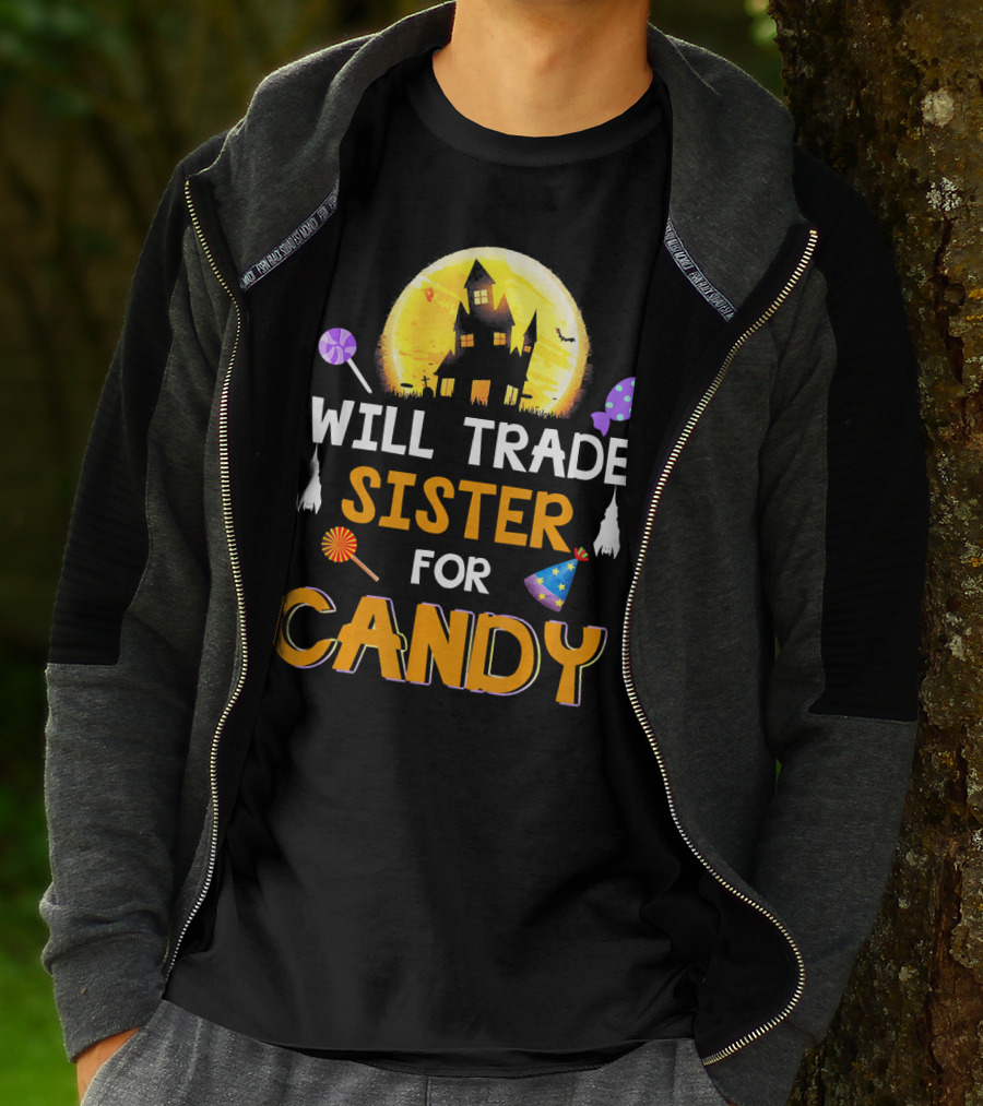 Will Trade Sister For Candy Halloween Haunted House Lollipops Moon T-Shirt