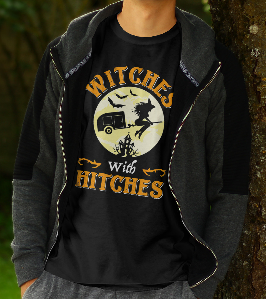 Witches With Hitches Halloween Camper Moon Bats And Witch Hat Broomstick T-Shirt