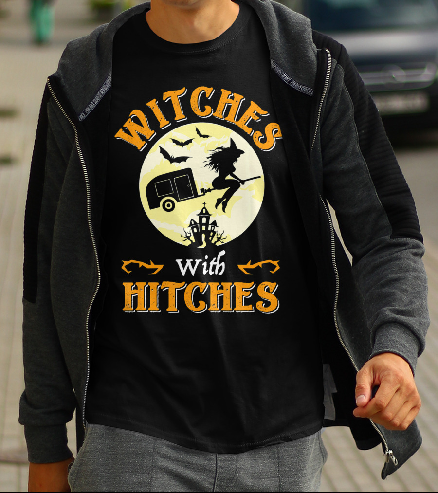 Witches With Hitches Halloween Camper Moon Bats And Witch Hat Broomstick T-Shirt