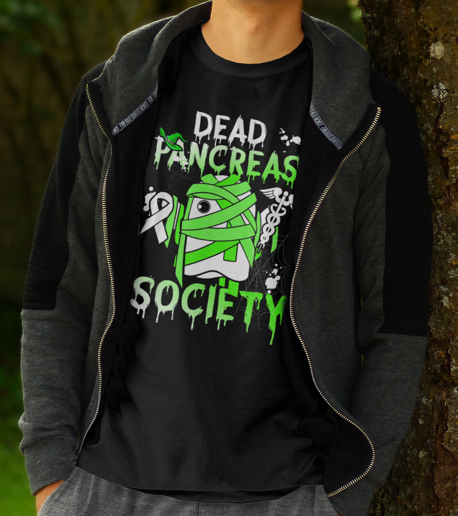 Dead Pancreas Society Halloween Ghost Design With Green Mummy And Medical Symbols T-Shirt