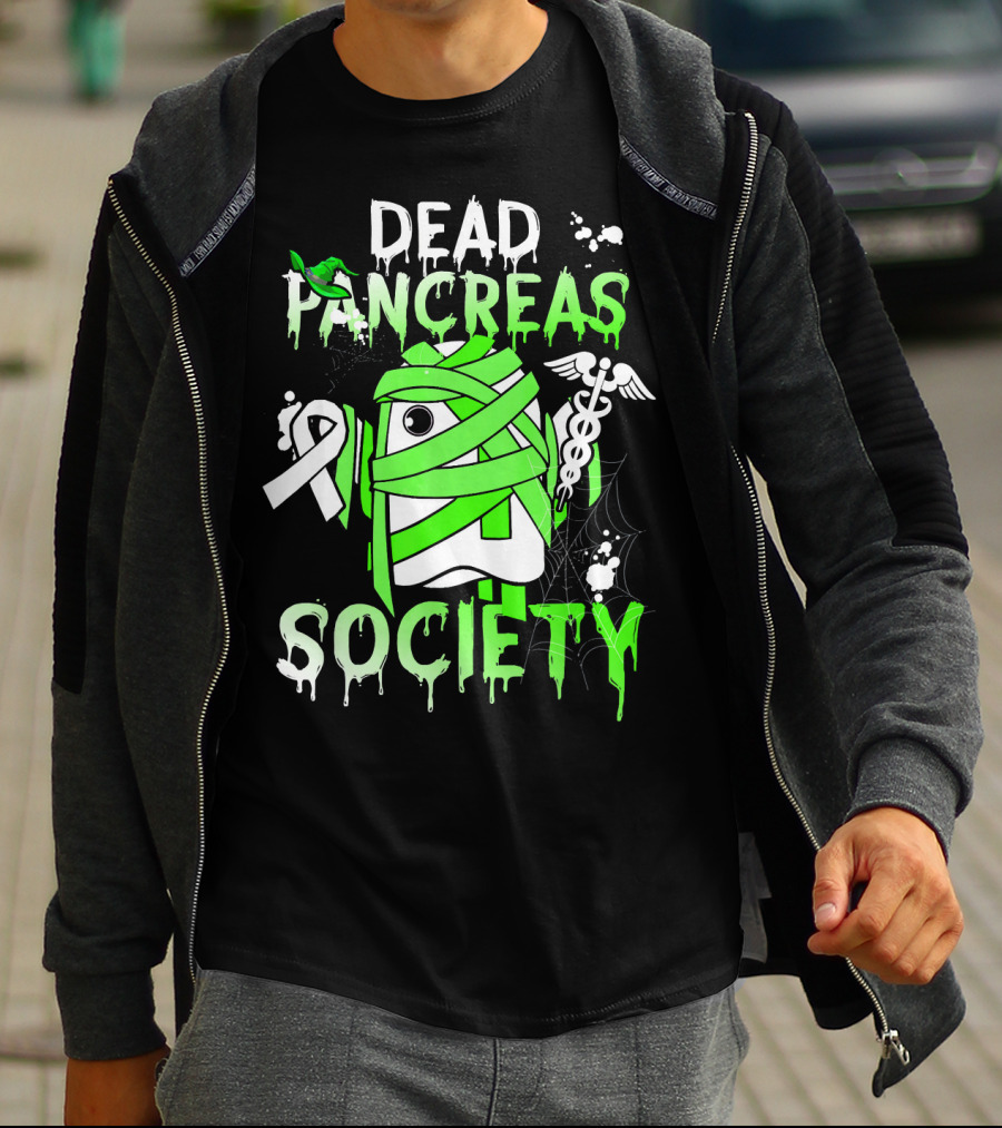 Dead Pancreas Society Halloween Ghost Design With Green Mummy And Medical Symbols T-Shirt