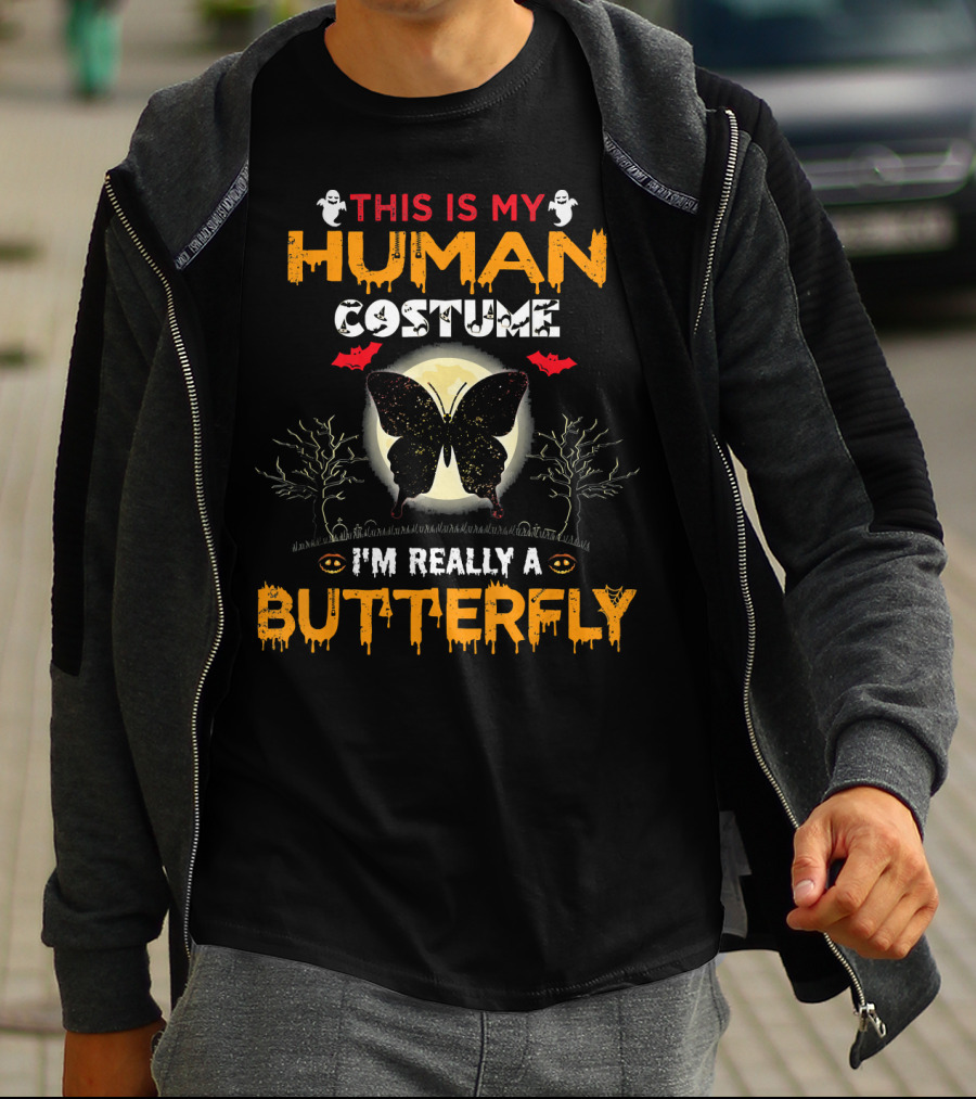 This Is My Human Costume I'm Really A Butterfly Halloween Ghosts Bats Moon Trees T-Shirt