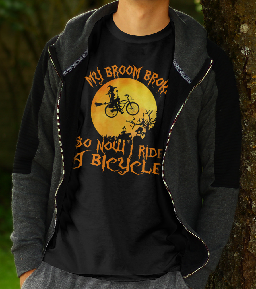 My Broom Broke So Now I Ride A Bicycle Witch Silhouette Full Moon Spooky Scene T-Shirt