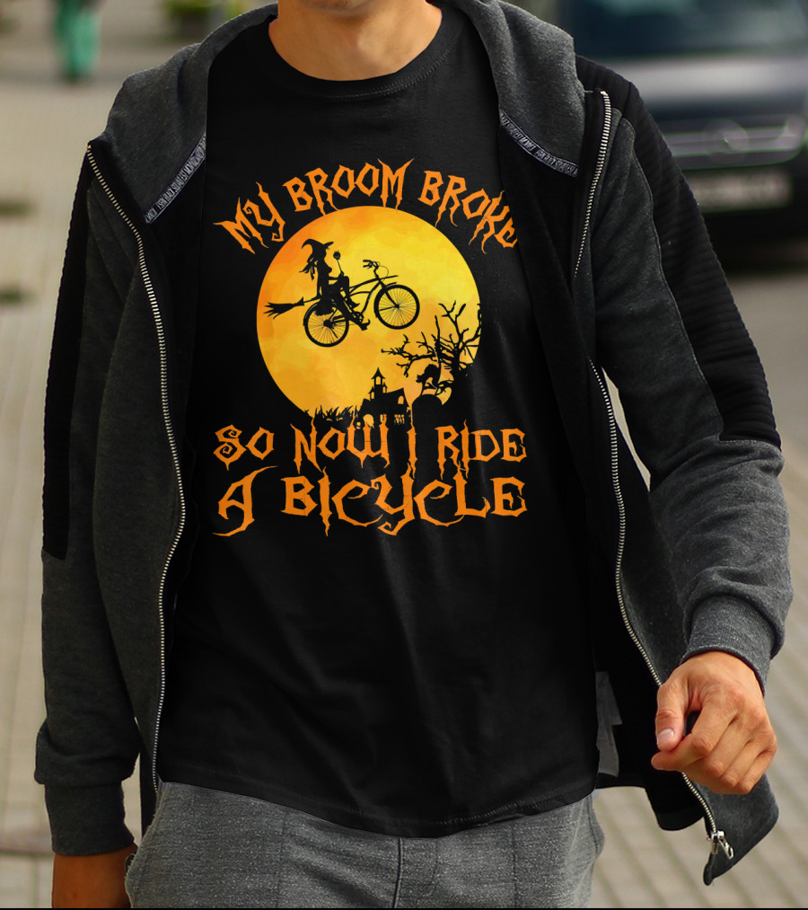 My Broom Broke So Now I Ride A Bicycle Witch Silhouette Full Moon Spooky Scene T-Shirt