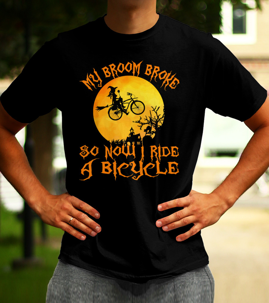 My Broom Broke So Now I Ride A Bicycle Witch Silhouette Full Moon Spooky Scene T-Shirt