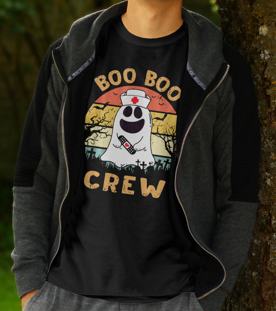 Vintage Halloween Boo Boo Crew Ghost Nurse With Bandage T-Shirt