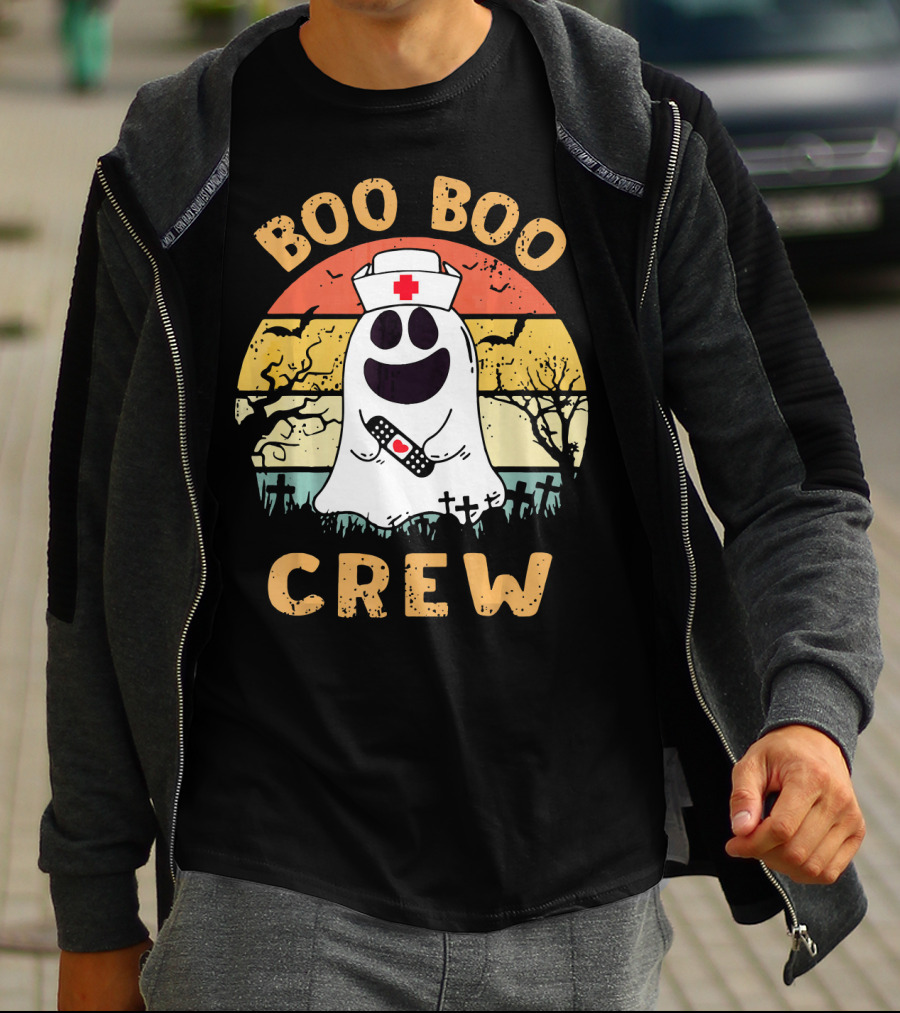 Vintage Halloween Boo Boo Crew Ghost Nurse With Bandage T-Shirt