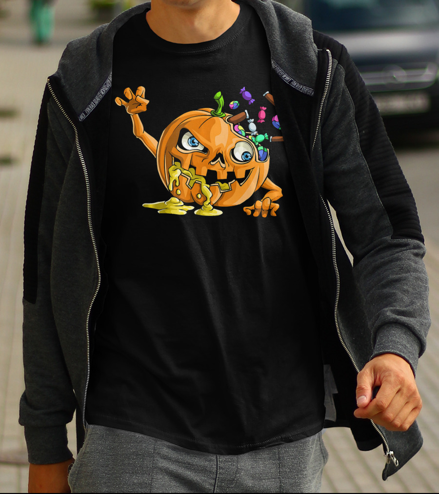 Zombie Pumpkin Funny Halloween Horror Scary Candy Explosion T-Shirt