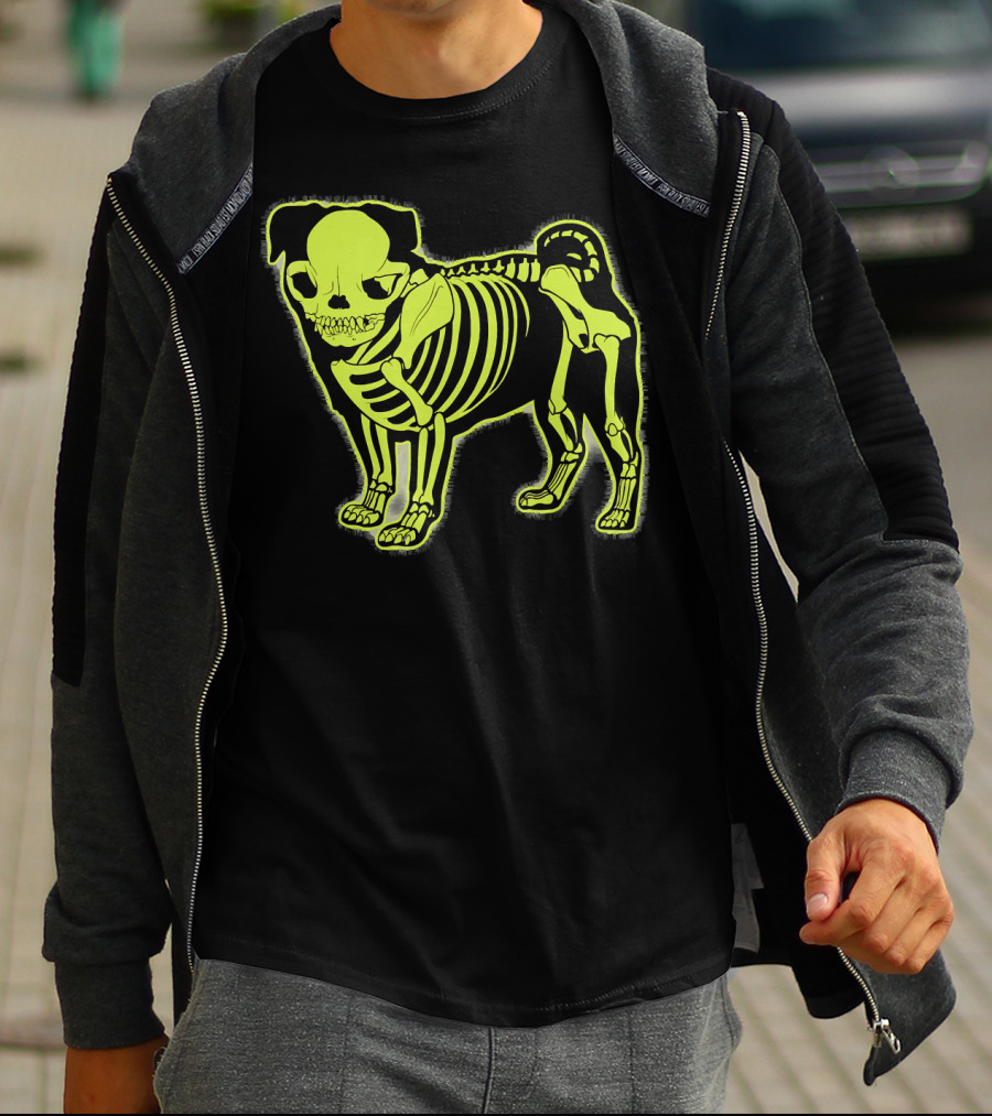 Pug Skeleton Neon Glow Canine Bones T-Shirt