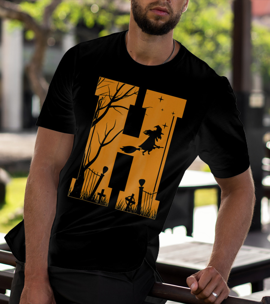 Letter H Halloween Witch Graveyard Scene T-Shirt