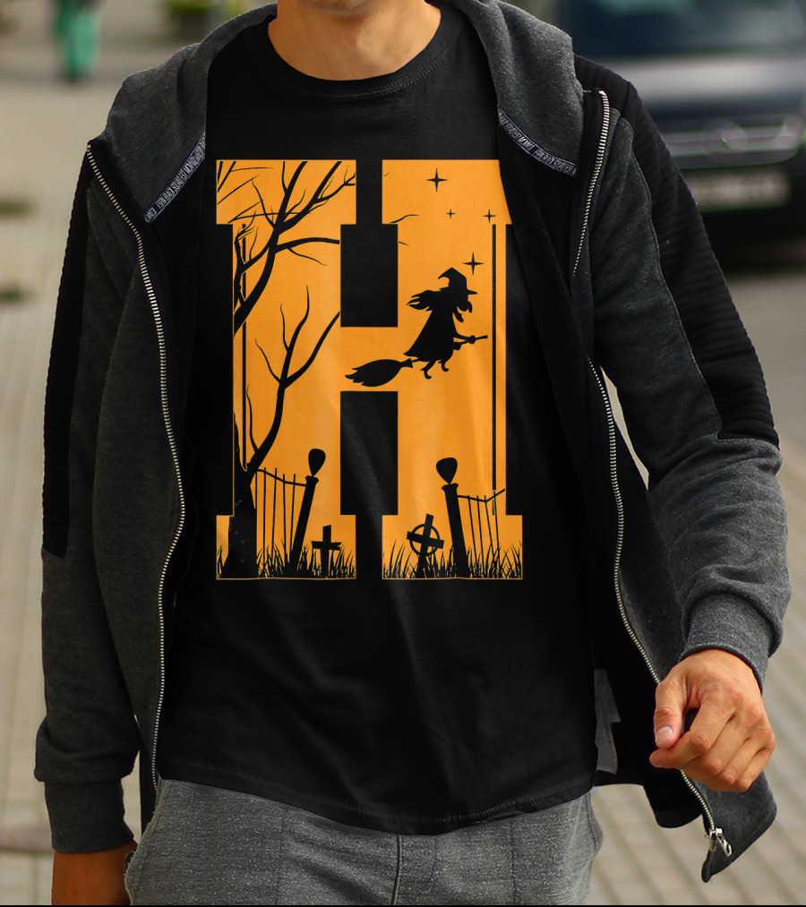 Letter H Halloween Witch Graveyard Scene T-Shirt