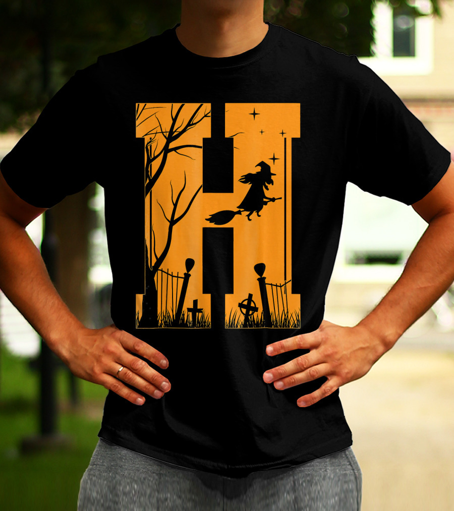 Letter H Halloween Witch Graveyard Scene T-Shirt