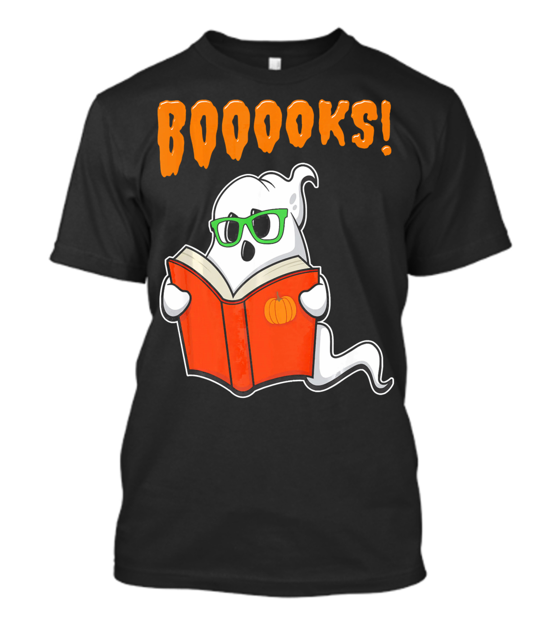 Booooks Ghost With Green Glasses And Pumpkin Book Funny Teacher Halloween T-Shirt