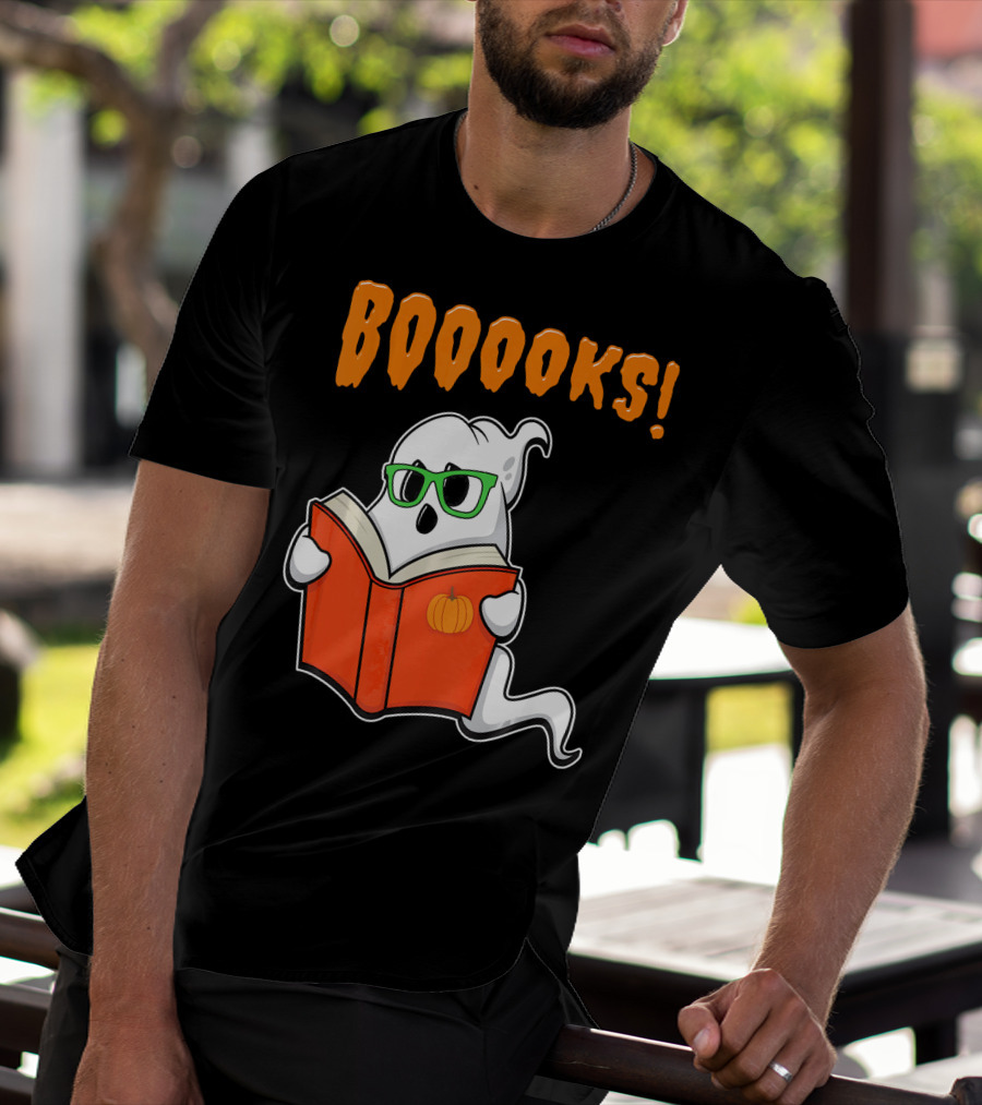 Booooks Ghost With Green Glasses And Pumpkin Book Funny Teacher Halloween T-Shirt