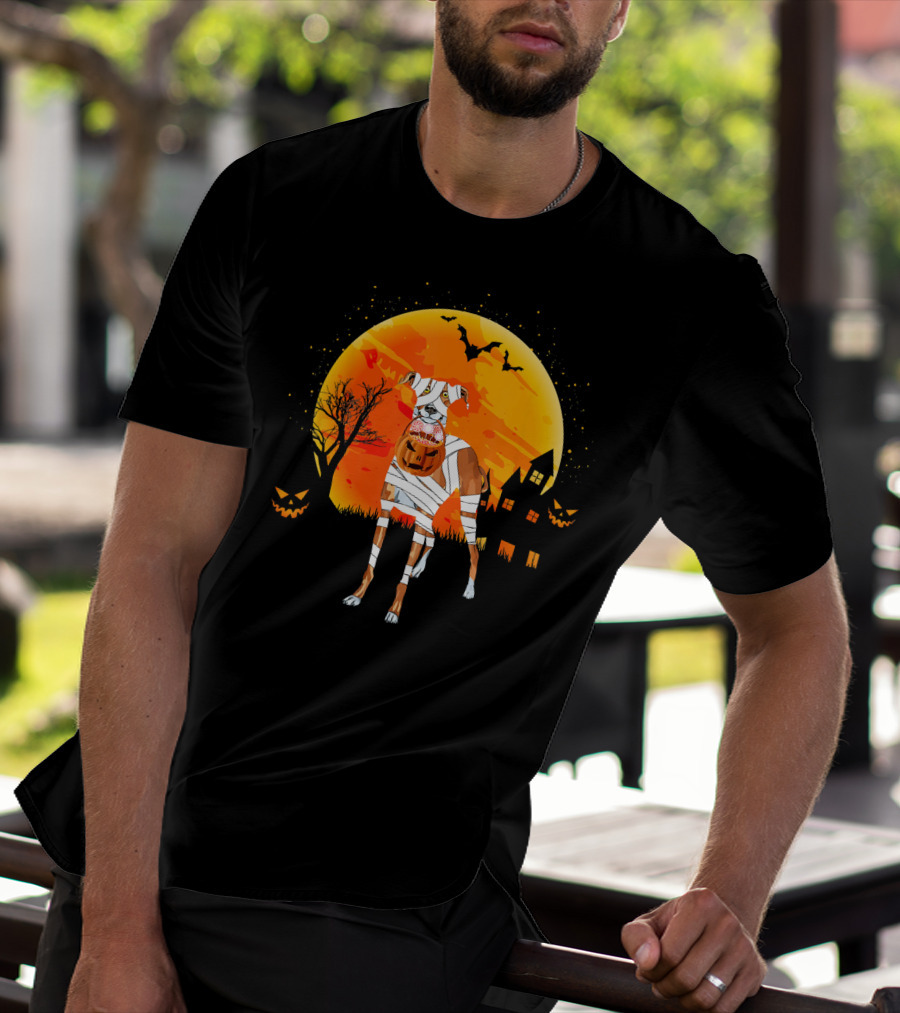 Greyhound Boo Halloween Dog Mummy With Pumpkin Against Full Moon And Haunted House T-Shirt
