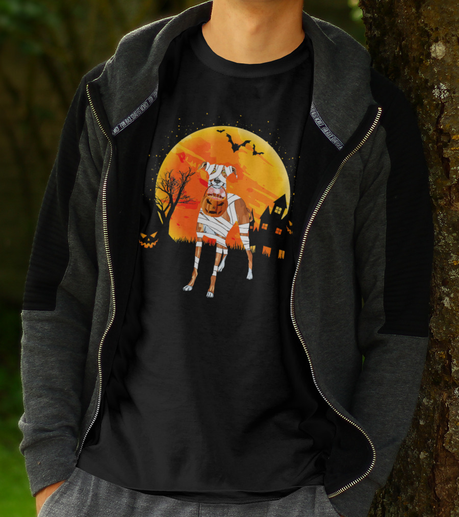 Greyhound Boo Halloween Dog Mummy With Pumpkin Against Full Moon And Haunted House T-Shirt