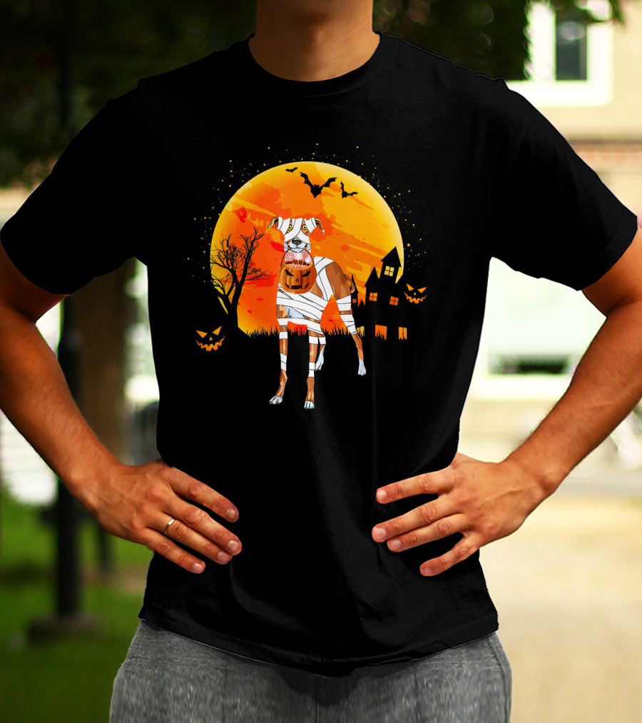 Greyhound Boo Halloween Dog Mummy With Pumpkin Against Full Moon And Haunted House T-Shirt
