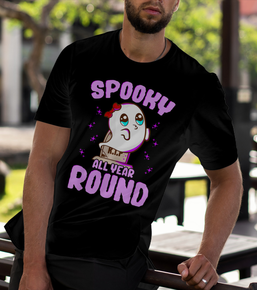 Spooky All Year Round Kawaii Ghost With Glittering Stars And Gravestone T-Shirt