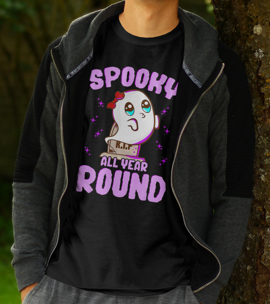 Spooky All Year Round Kawaii Ghost With Glittering Stars And Gravestone T-Shirt