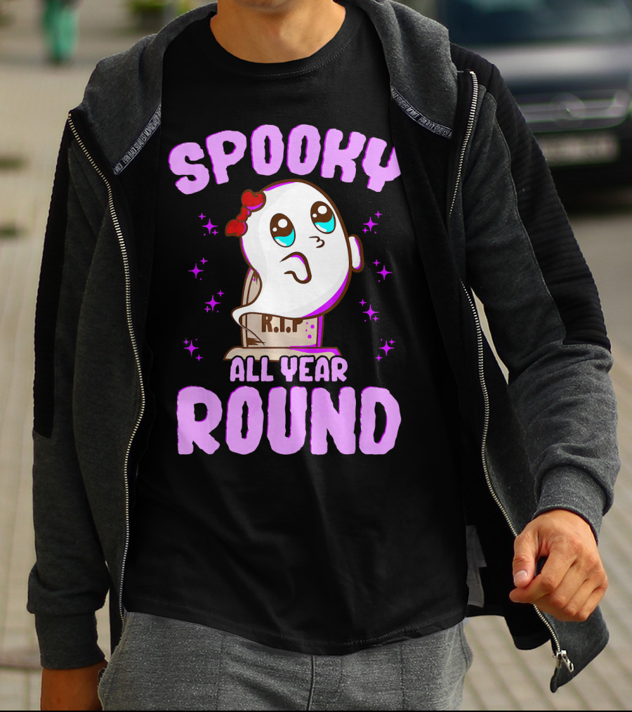 Spooky All Year Round Kawaii Ghost With Glittering Stars And Gravestone T-Shirt