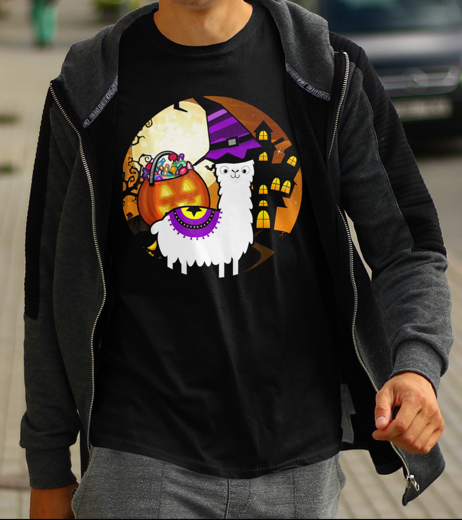 Halloween Llama Funny Alpaca With Witch Hat And Pumpkin House T-Shirt