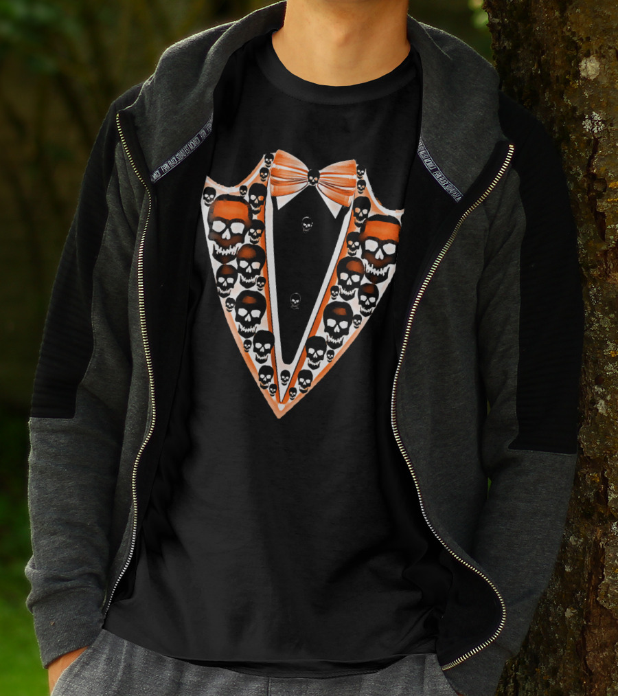 Tuxedo Skull Bowtie Pattern Orange And Black T-Shirt