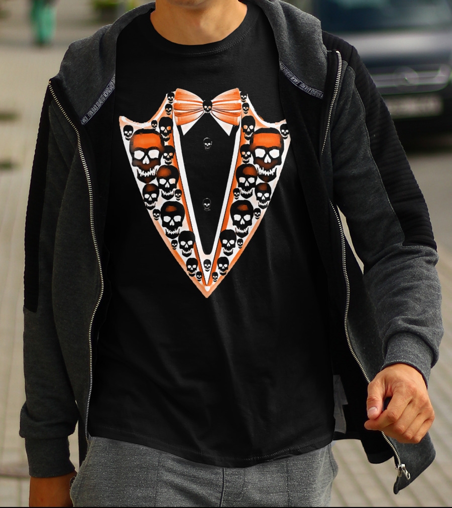 Tuxedo Skull Bowtie Pattern Orange And Black T-Shirt