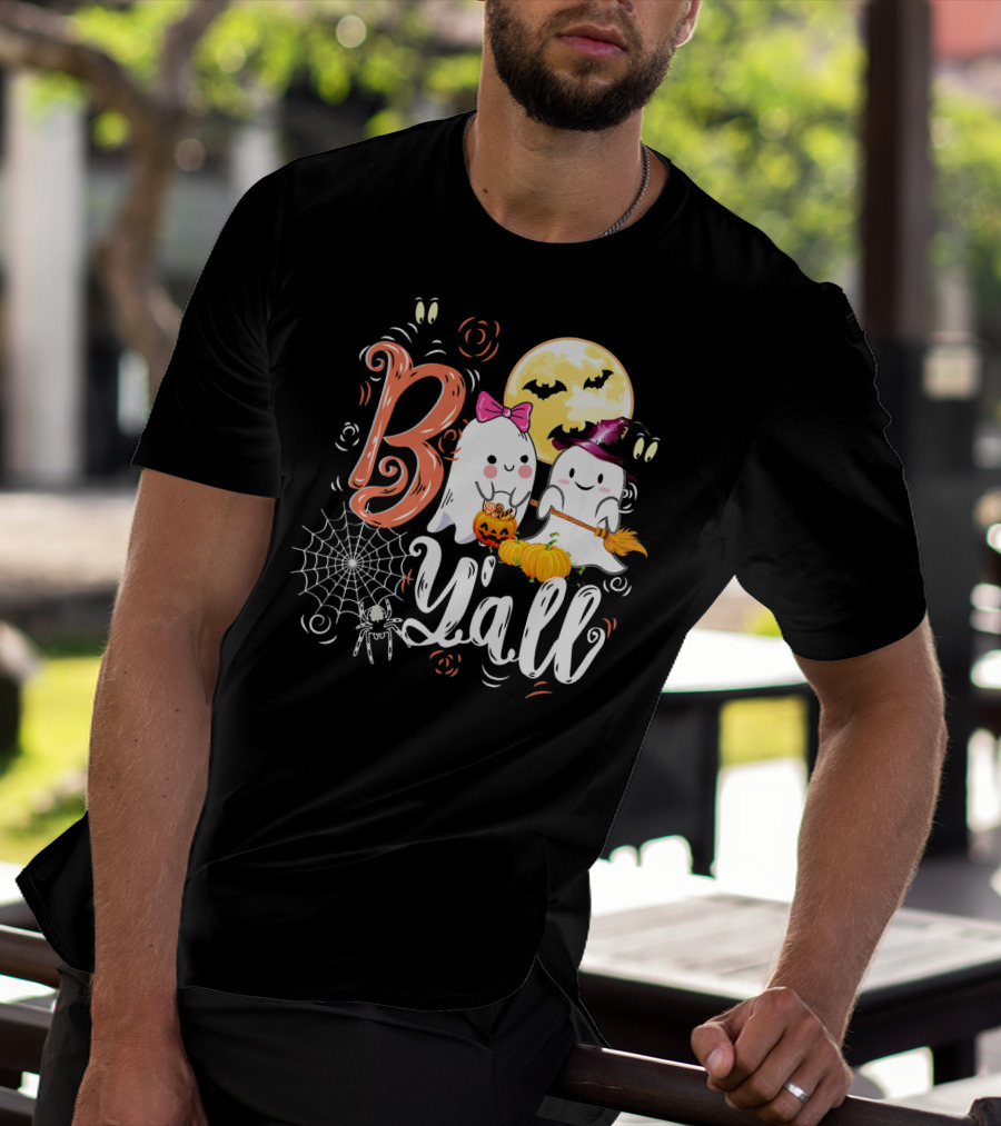 Boo Y’all Funny Ghosts With Pumpkin And Halloween Moon T-Shirt