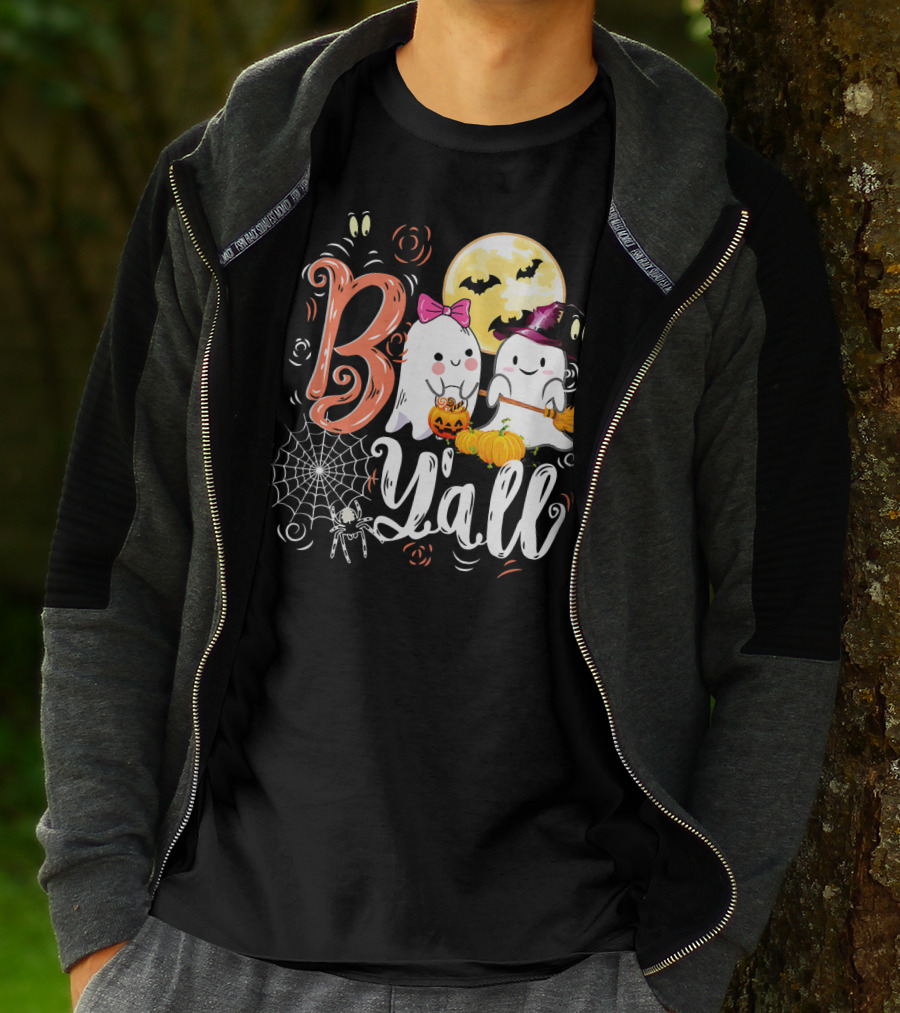 Boo Y’all Funny Ghosts With Pumpkin And Halloween Moon T-Shirt