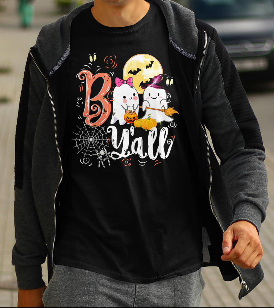 Boo Y’all Funny Ghosts With Pumpkin And Halloween Moon T-Shirt
