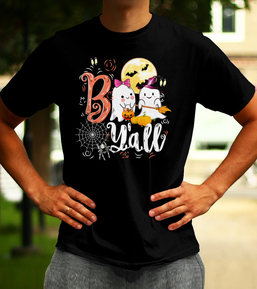 Boo Y’all Funny Ghosts With Pumpkin And Halloween Moon T-Shirt
